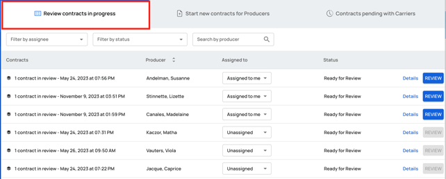 Screen 1 - Review contracts in progress