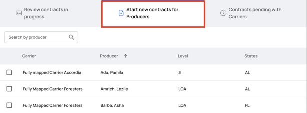 Screen 2 - Start new contracts for producer